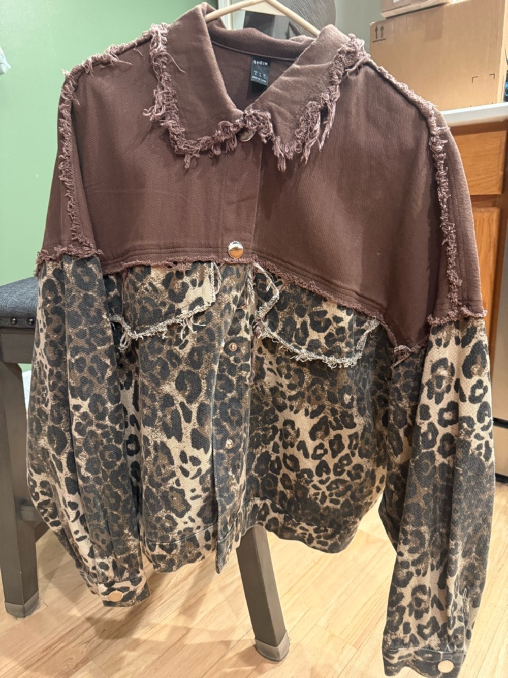 SHEIN Brown Colorblock Leopard Print Oversized Jacket